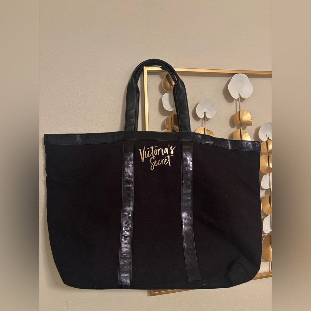 Victoria's Secret 22x13  Zippered Sequin Black Tote Bag With Handles